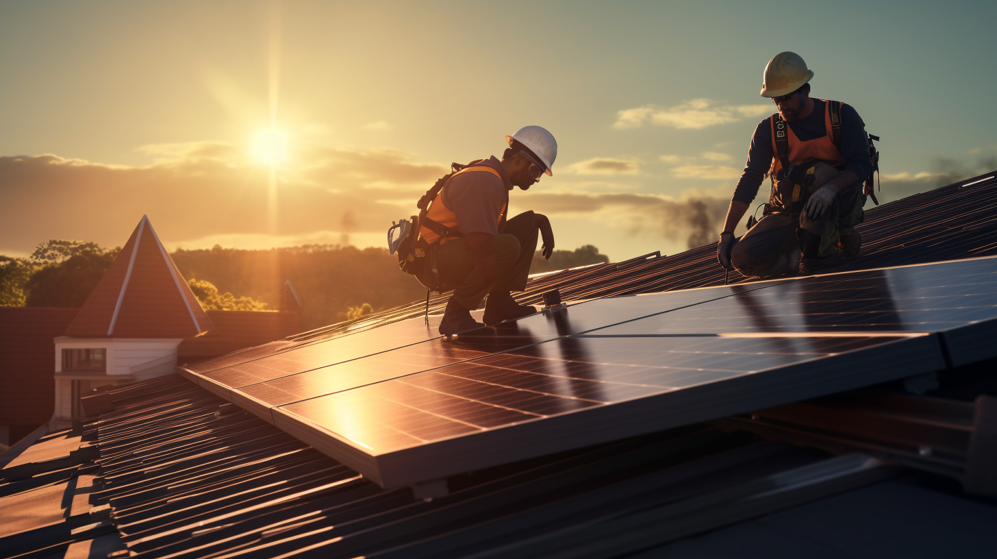 Ein Team von zwei professionellen Solarmodul-Installateuren arbeitet gemeinsam auf einem Dach, sie verbinden die Solarpaneele miteinander. Die strahlende Sonne scheint auf sie herab und veranschaulicht, wie die Solarenergie genutzt wird. Sie tragen Sicherheitsausrüstung.