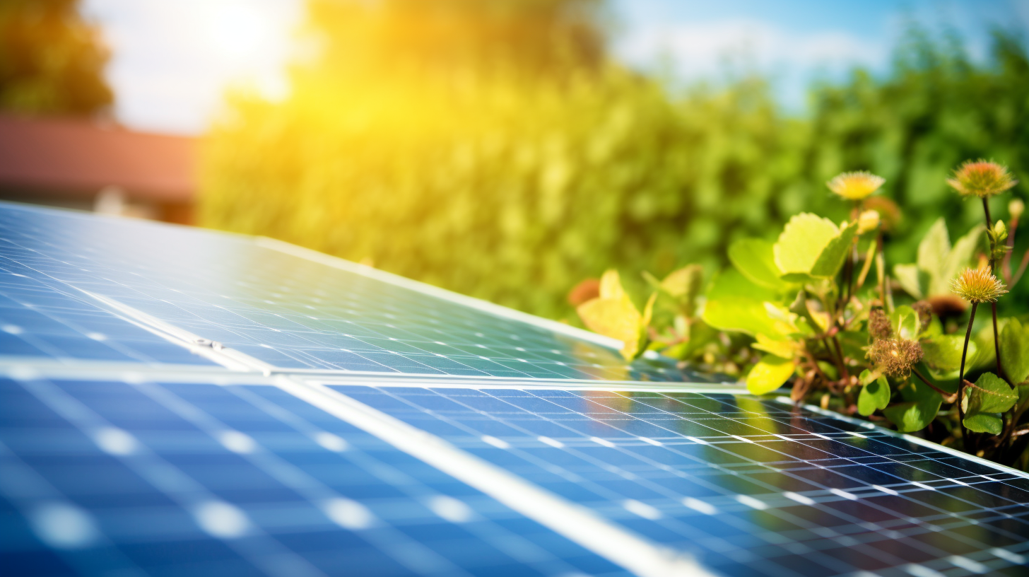 Eine Nahaufnahme eines in hoher Qualität, farbenfrohen und klaren Fotografie eingefangenen Solarpanels, welches auf dem Dach eines kleinen Gartenhauses installiert wurde, mit einem sonnigen blauen Himmel im Hintergrund.