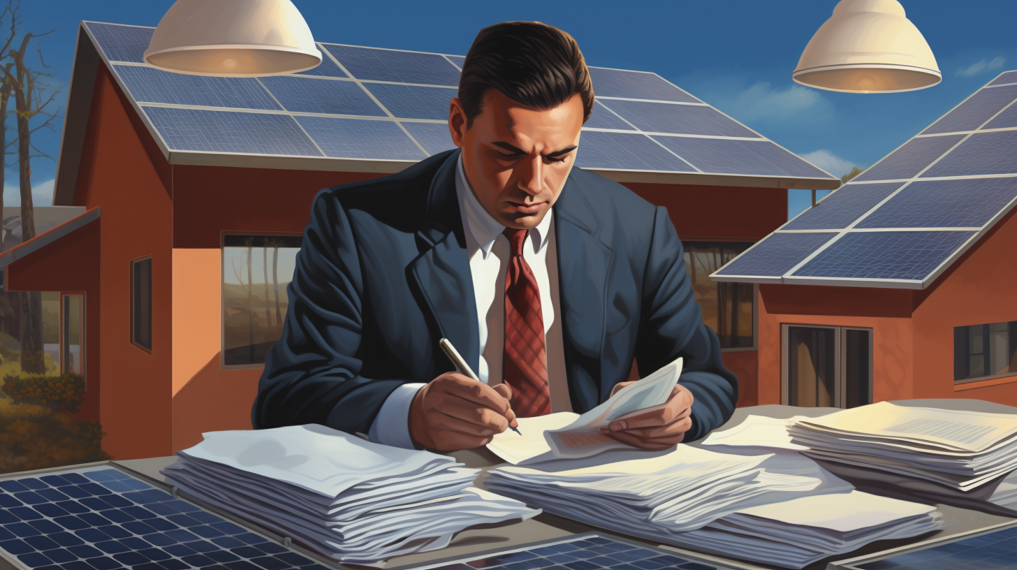 Eine Person liest sorgfältig juristische Dokumente bezüglich der Installation von Solarenergie durch.