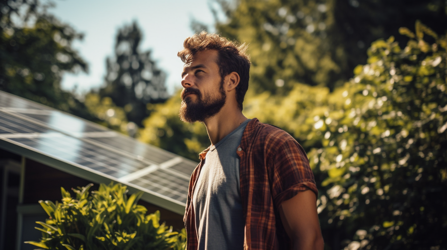 Ein optimistisch aussehender Hausbesitzer betrachtet stolz die Solarmodule, die in seinem Garten installiert sind. Die Module fangen das Sonnenlicht wirkungsvoll ein, was auf einen hellen, sonnigen Tag hindeutet.