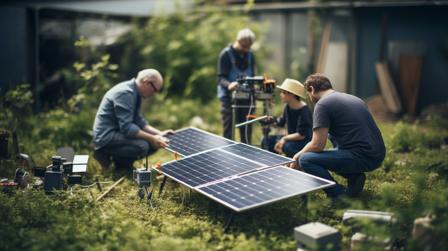 Eine Gruppe von Menschen errichtet ein kleines Solarpanel in einem Garten, was die Teamarbeit und Fähigkeiten symbolisiert, die erforderlich sind, um ein eigenes Solarsystem aufzubauen.