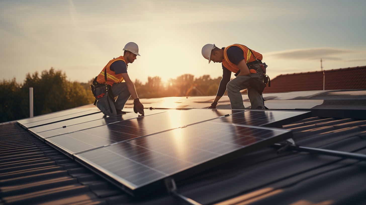 Eine Gruppe von professionellen Installateuren arbeitet gemeinsam an einem Dach, um ein photovoltaisches Solarmodulsystem zu installieren. Der Fokus liegt auf Teamarbeit und Präzision.