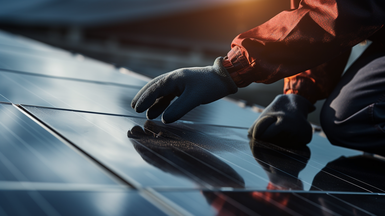 Solarmodule einer Akku-Solaranlage werden überprüft und gereinigt, während der Techniker Schutzkleidung, Handschuhe und einen Werkzeugtragegurt trägt.