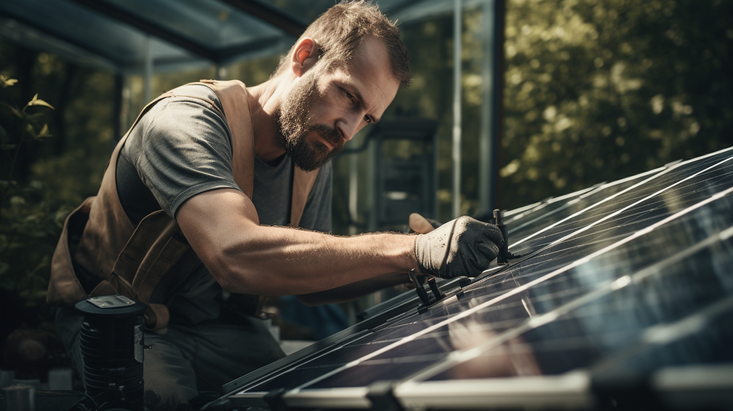 Ein geschulter Techniker, ausgestattet mit Schutzkleidung und professionellen Werkzeugen, ist dabei, eine Solaranlage im Rahmen des Befüllvorgangs zu kontrollieren.