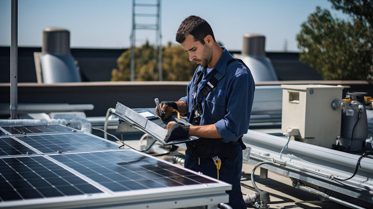 Ein Techniker führt Wartungsüberprüfungen an einem Solarkollektor für Warmwasser auf dem Dach durch.