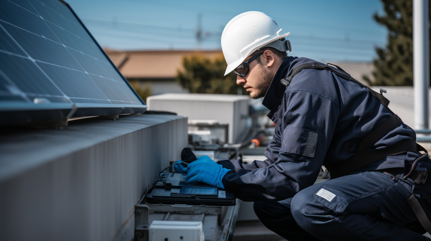 Ein Techniker in Schutzkleidung führt routinemäßige Wartungsarbeiten an einem Solarmodulwechselrichter durch.