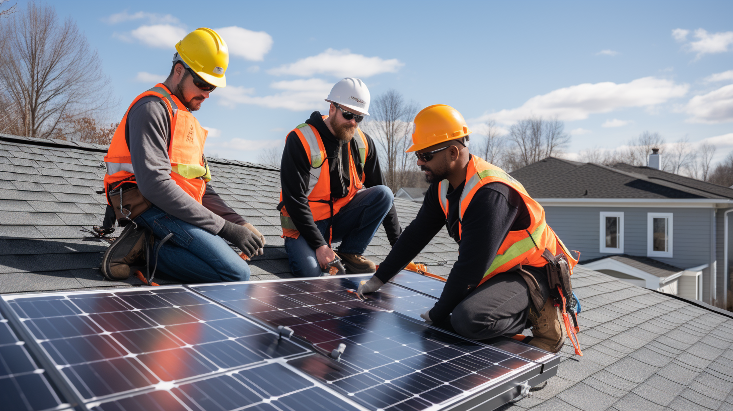 Eine Gruppe von Technikern installiert Solarpaneele auf einem Dach, während der Hausbesitzer zuschaut und lernt.