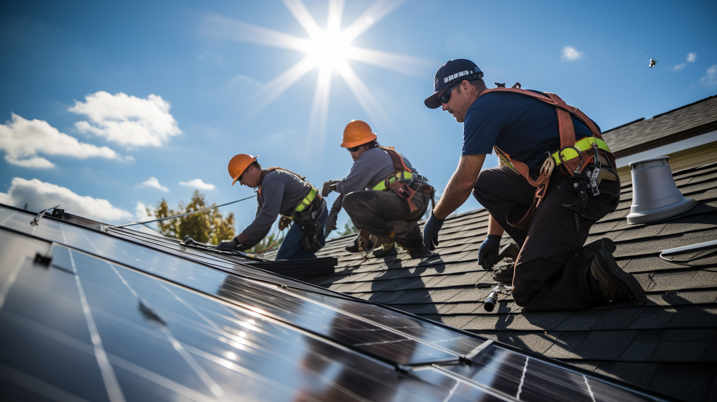 Eine Gruppe von Technikern installiert Solarmodule auf dem Dach eines Hauses.