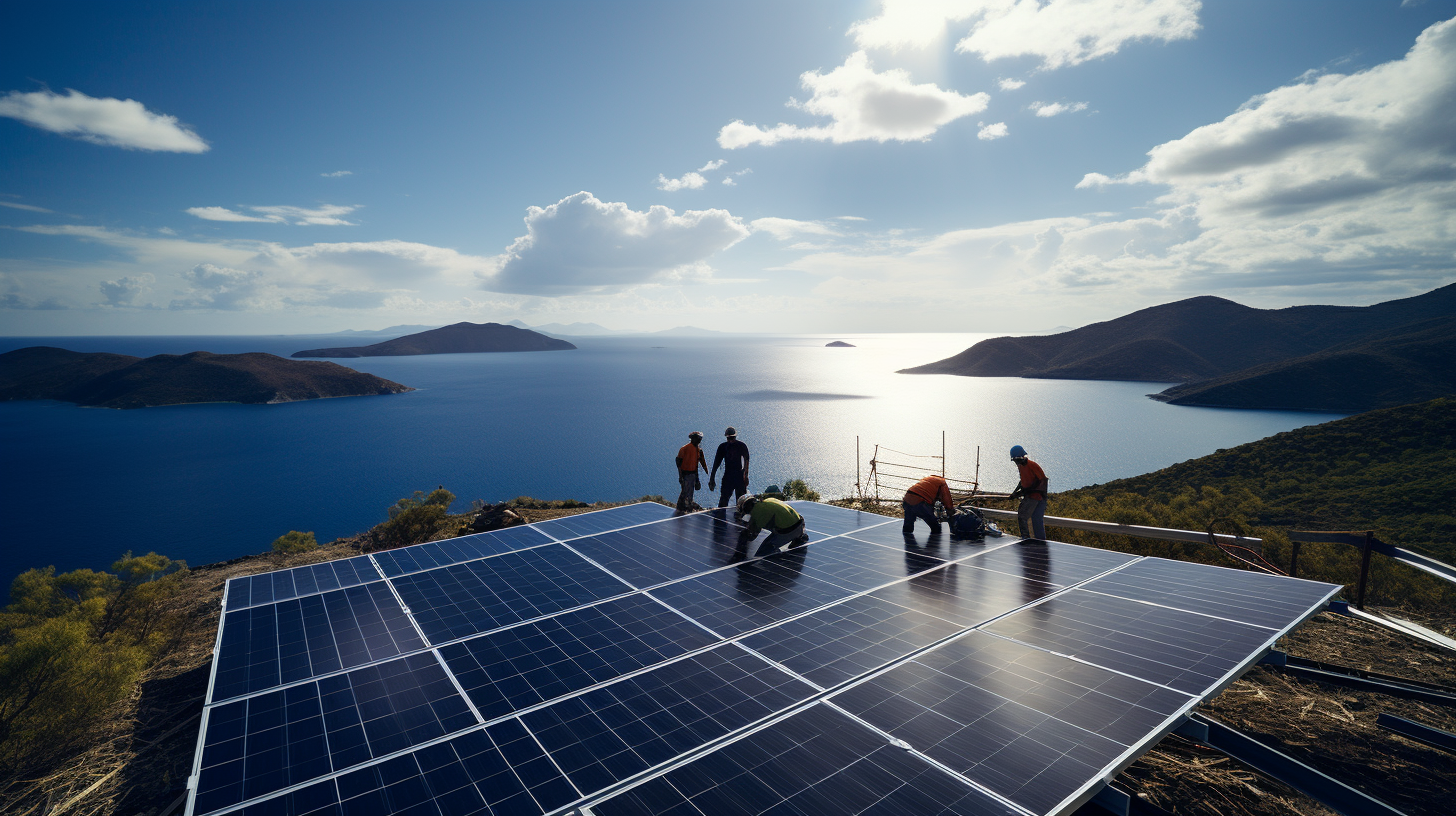 Eine Gruppe von Technikern, die auf einer Insel Solarpaneele installieren. Im Bild enthalten sind die Solarpaneele, die umliegende Insellandschaft und der klare, sonnige Himmel.