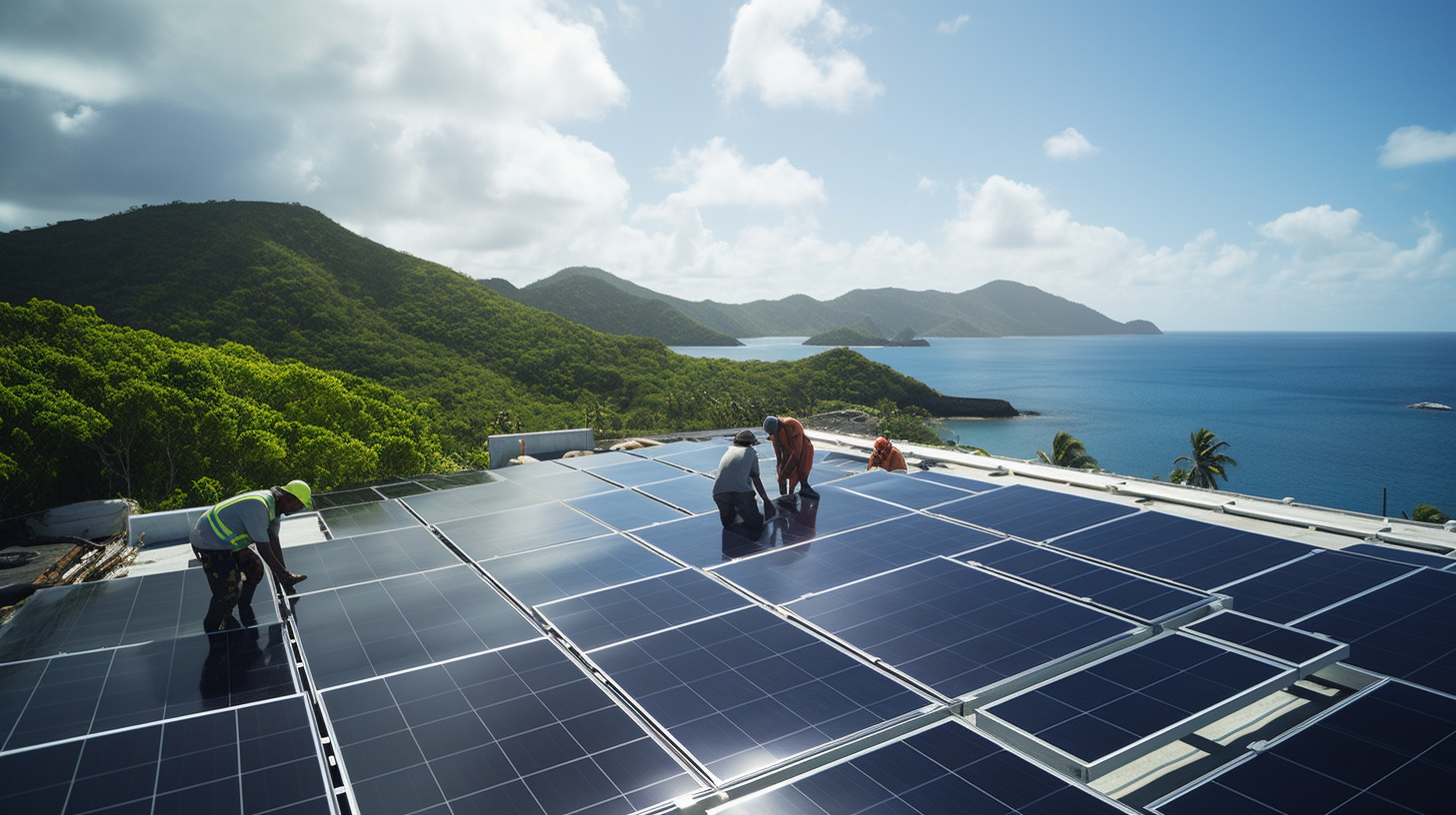 Eine Gruppe von Technikern installiert Solarpaneele auf einer tropischen Insel unter einem hellen, klaren Himmel.