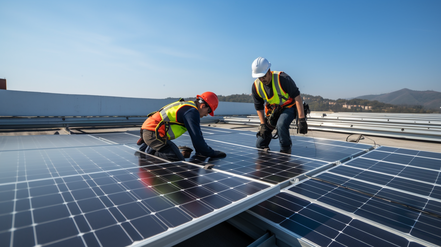 Eine Gruppe von Solartechnikern installiert Solarmodule auf einem Dach.