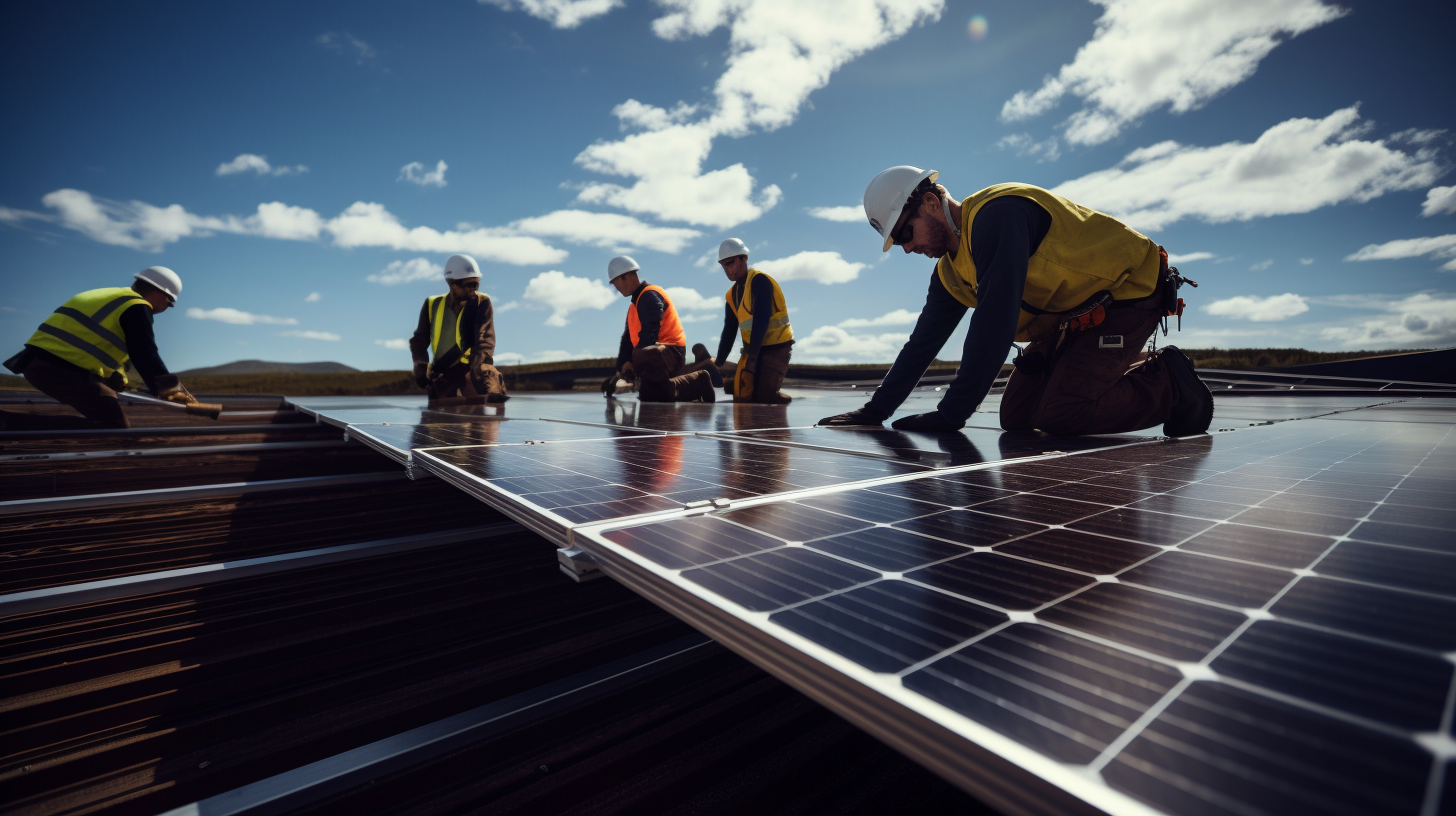 Eine Gruppe von Technikern installiert an einem hellen, sonnigen Tag Solarzellen.