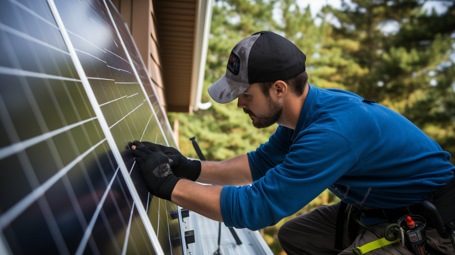 Ein Techniker installiert eine Solarpanel-Steckdose an einem Wohnhaus