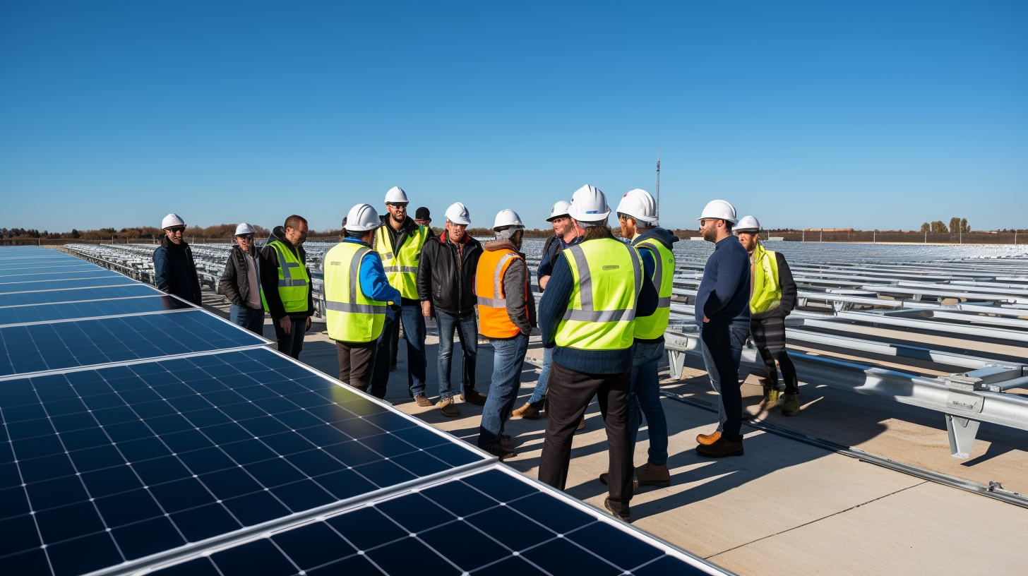 Eine Gruppe von Ingenieuren steht nahe einer großen Akku-Solaranlage und diskutiert über die Umsetzung und zukünftige Auswirkungen, mit einem klaren blauen Himmel im Hintergrund.