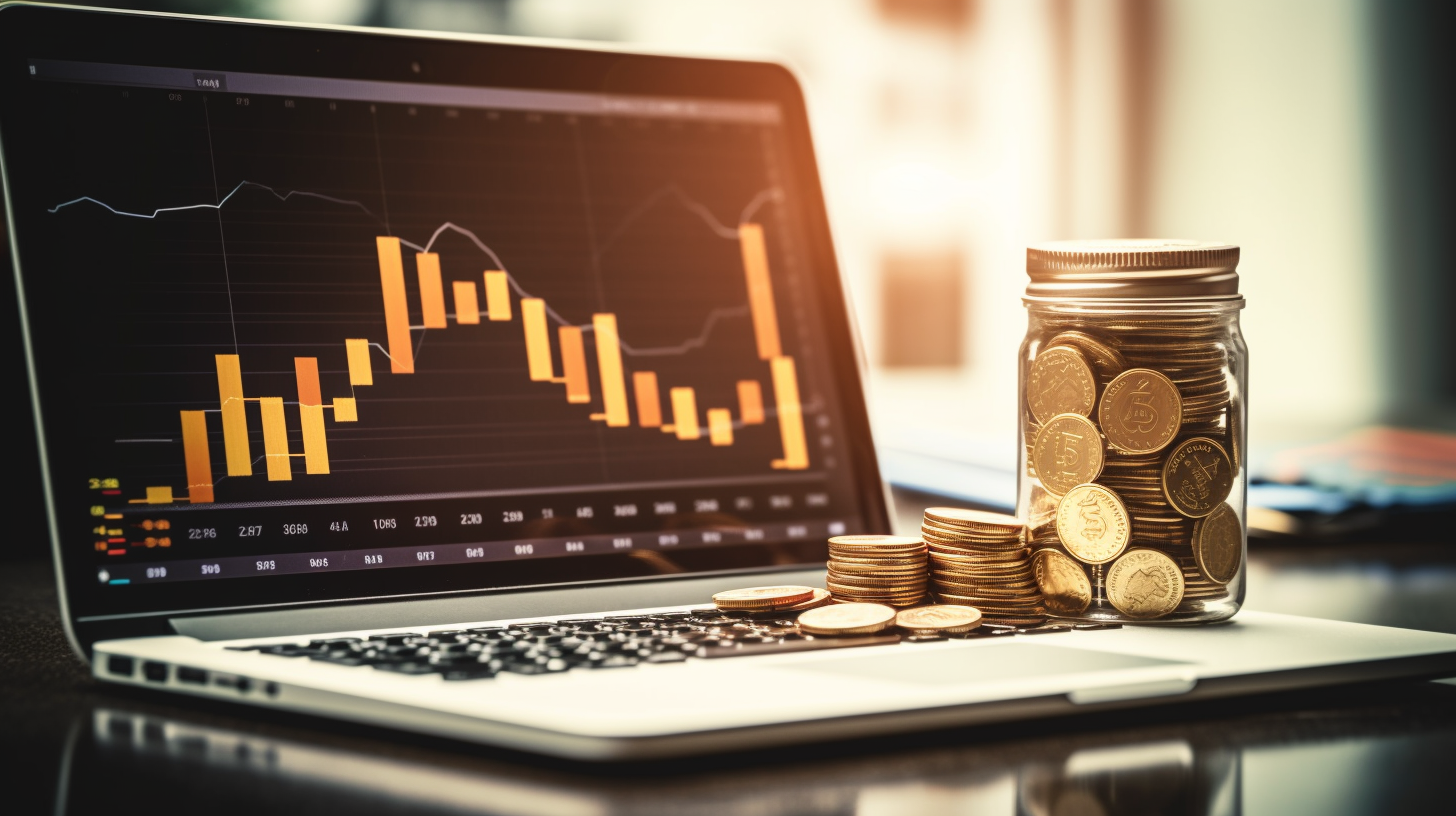 Ein Sparschwein und ein Glas mit Münzen, die traditionelle Sparmethoden darstellen, sowie ein Laptop mit Aktiengrafiken, der komplexere Methoden wie Investitionen zeigt.