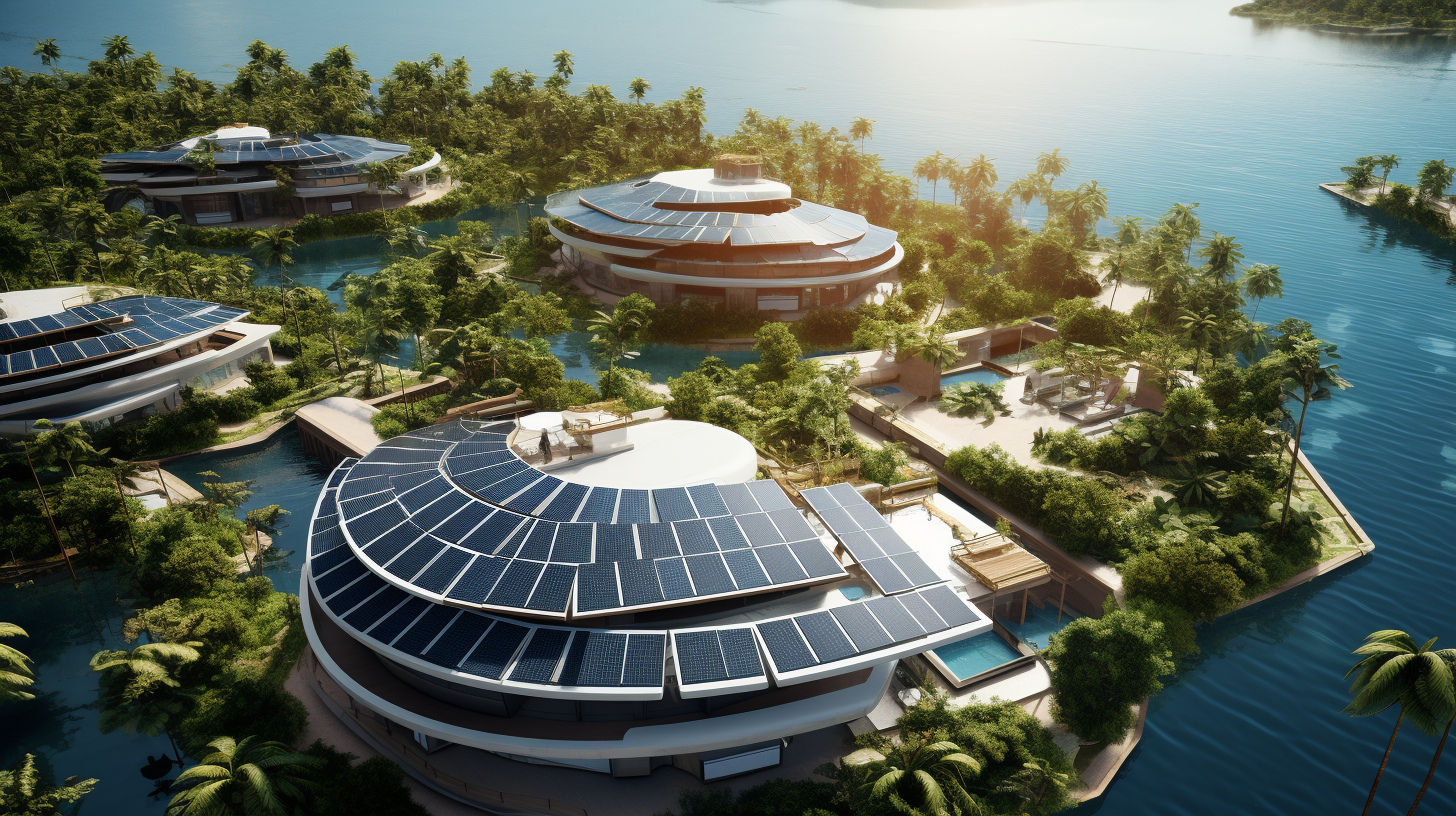 Eine Luftaufnahme einer tropischen Insel, auf deren Dächern und freien Flächen mehrere Solaranlagen installiert sind.
