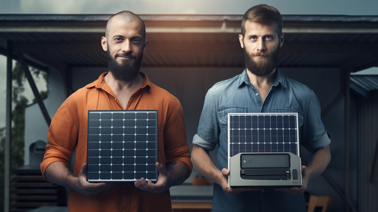 Ein Mann steht neben einem Solarmodul und hält in der einen Hand eine Lithium-Ionen-Batterie und in der anderen eine Blei-Säure-Batterie für einen visuellen Vergleich.