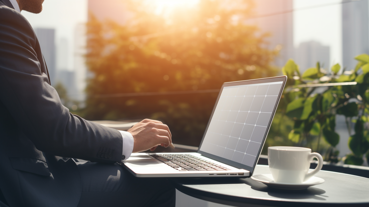 Eine Person, die verschiedene Solarmodule online auf einem Laptop vergleicht, während sie eine Tasse Kaffee hält.