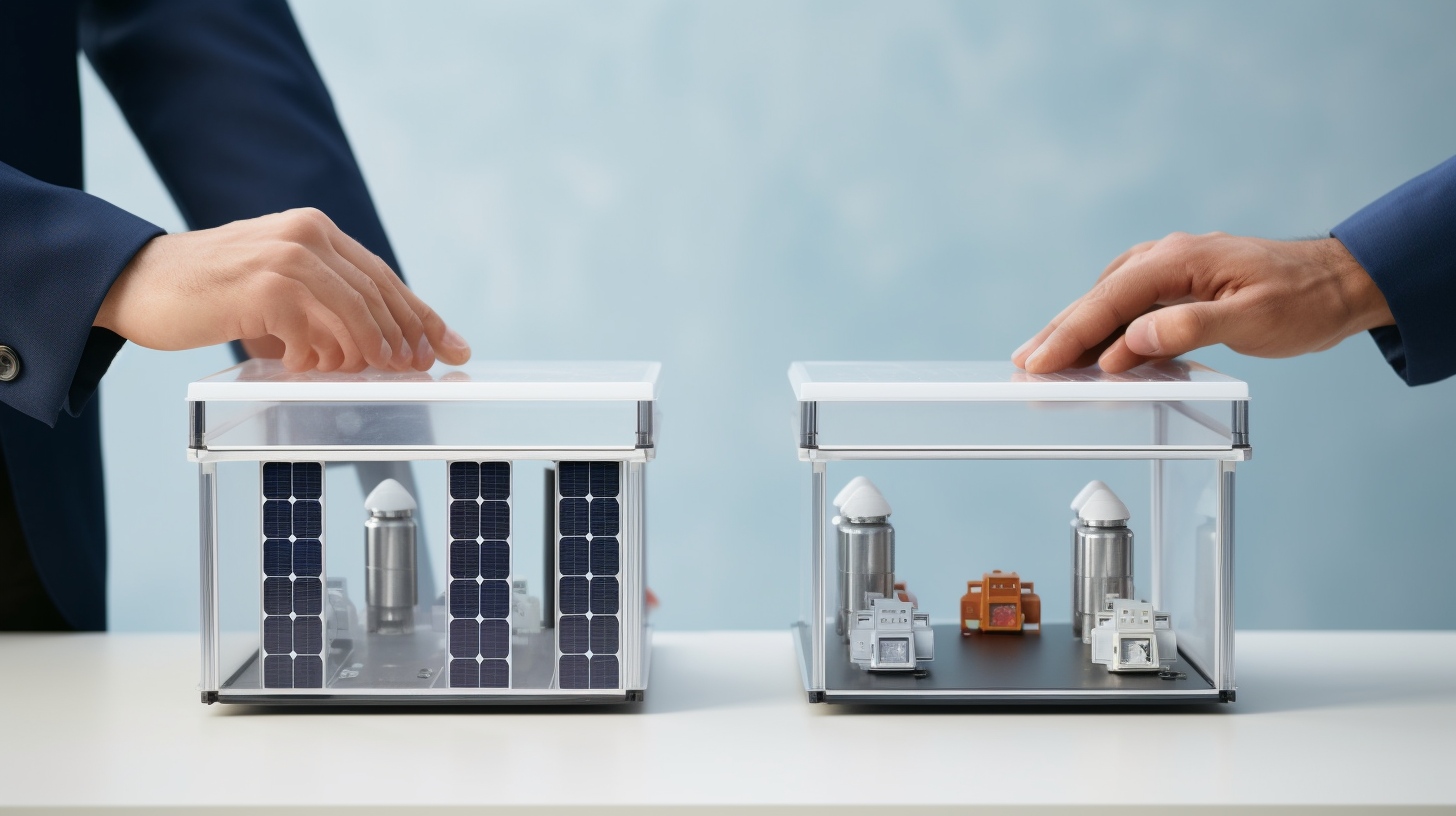 Eine Person betrachtet zwei verschiedene Modelle von Mini-Solarsystemen, eines mit einer Batteriespeichereinheit und das andere ohne. Beide Systeme stehen auf einem Tisch und die Person vergleicht die Funktionen beider Systeme.