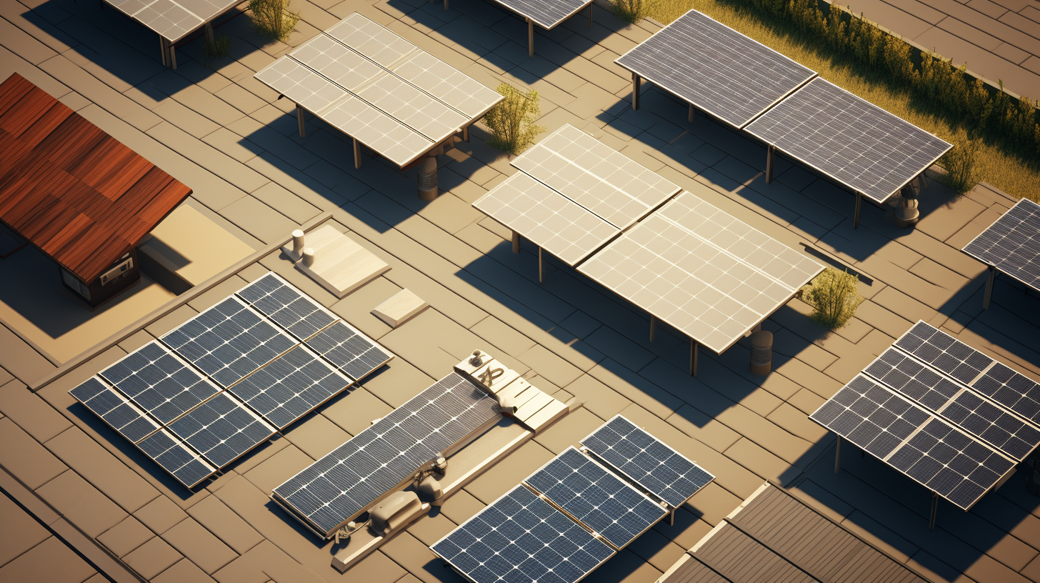 Ein fotorealistisches Bild, das eine Vielzahl an Solarpaneelen zeigt, die von klein bis groß reichen.