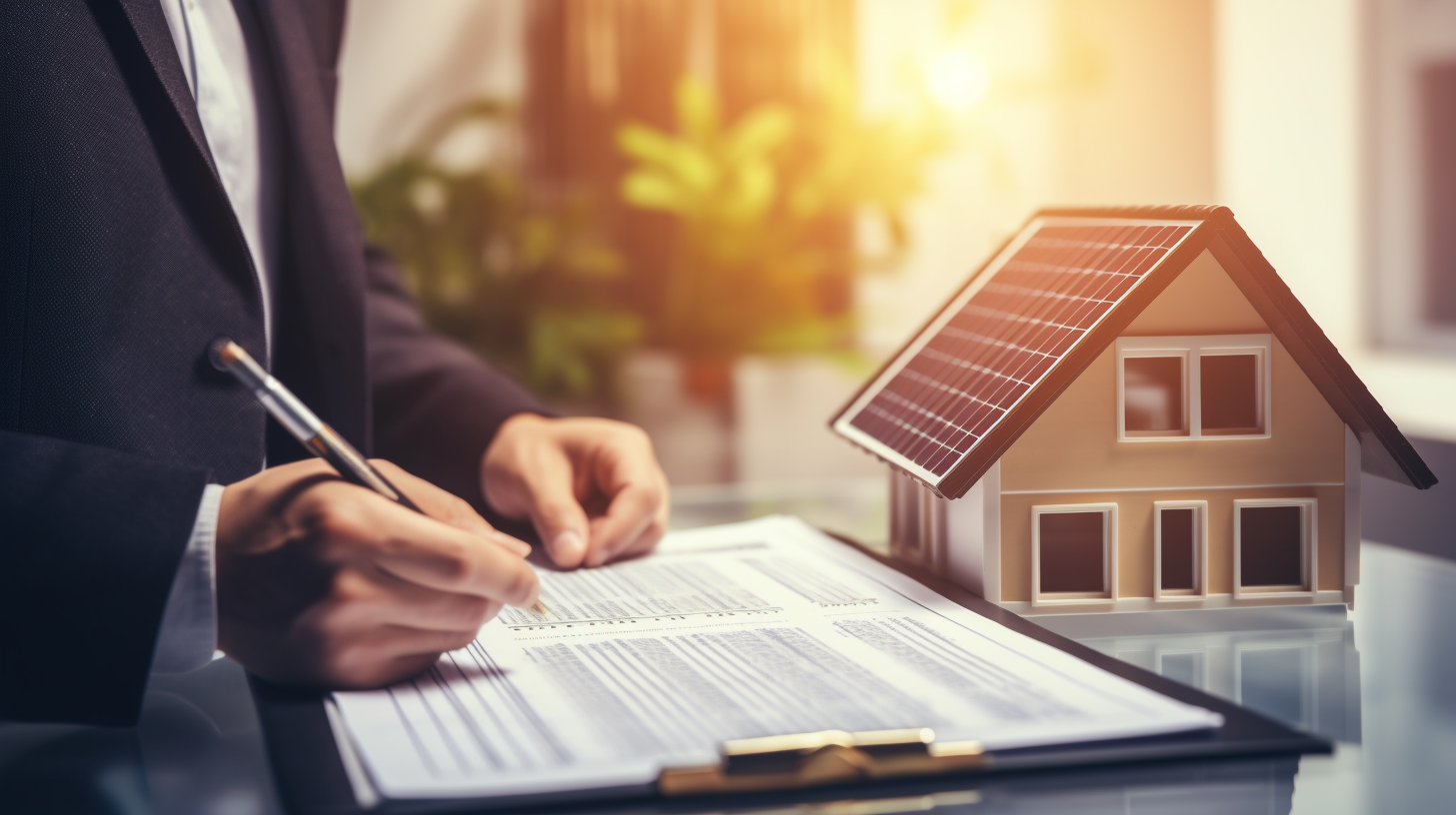 Eine Person liest ein Dokument mit der Aufschrift Solarvorschriften und versteht die gesetzlichen Bestimmungen rund um Mini-Solaranlageninstallationen.