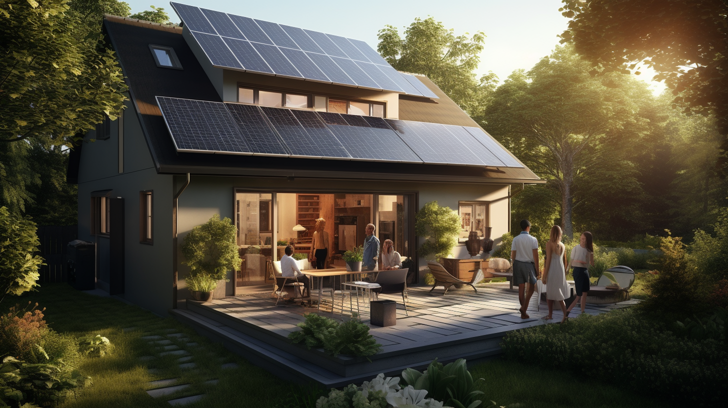 Eine vielfältige Gruppe von Menschen betrachtet ein Wohnhaus mit einer Solaranlage auf dem Dach.