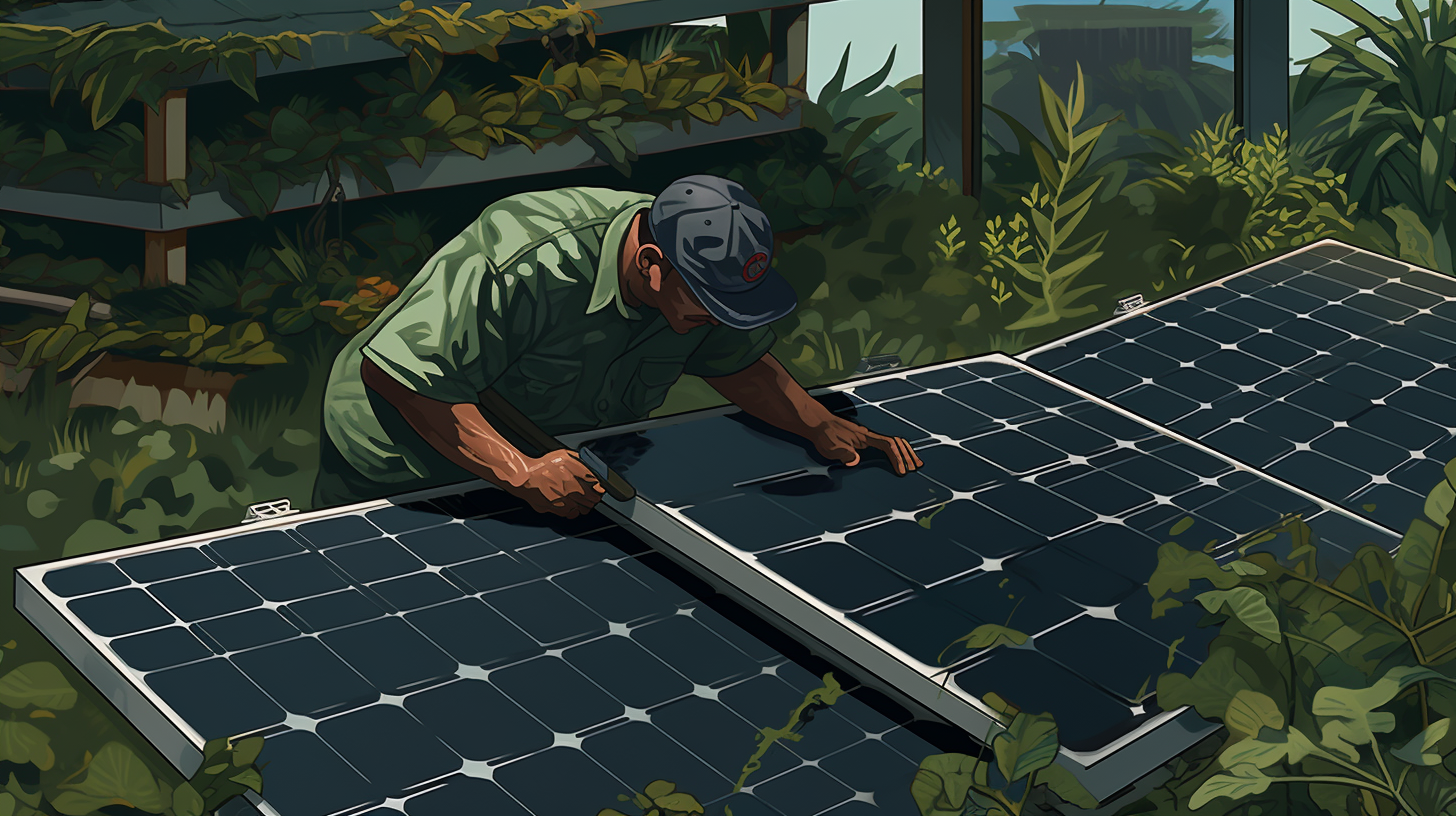 Ein Mann überprüft eine Solarpanel-Installation in einem Garten, was den Prozess und die Kosten für die Wartung eines Solarenergiesystems darstellt.