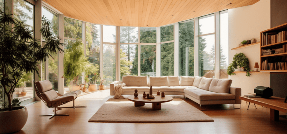 Eine Weitwinkelaufnahme eines Wohnzimmers mit großen Holz-Alu-Fenstern.