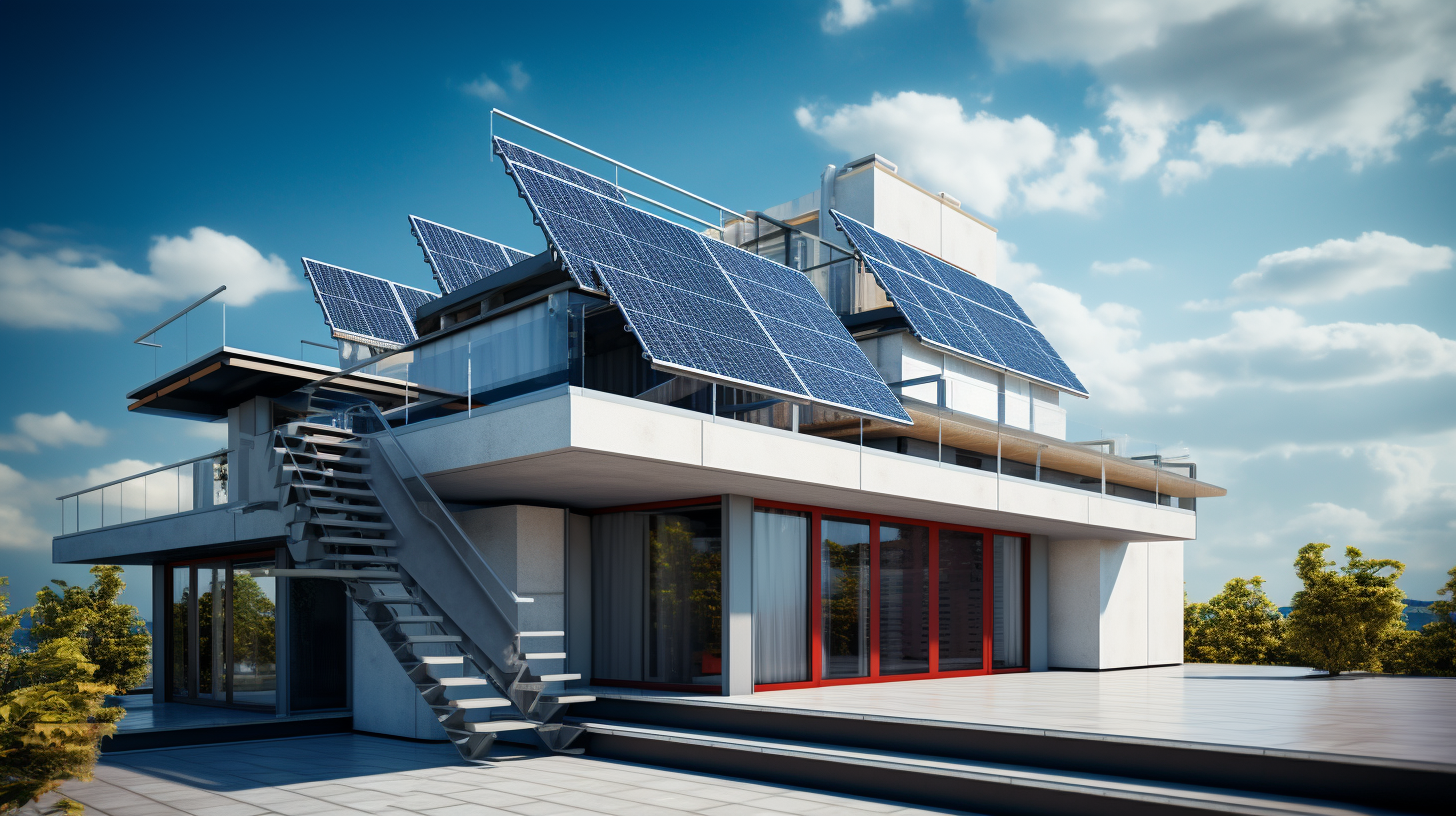Ein Wohngebäude mit einem kompakten Solarmodul, das gegen einen blauen Himmel auf dem Dach installiert ist.