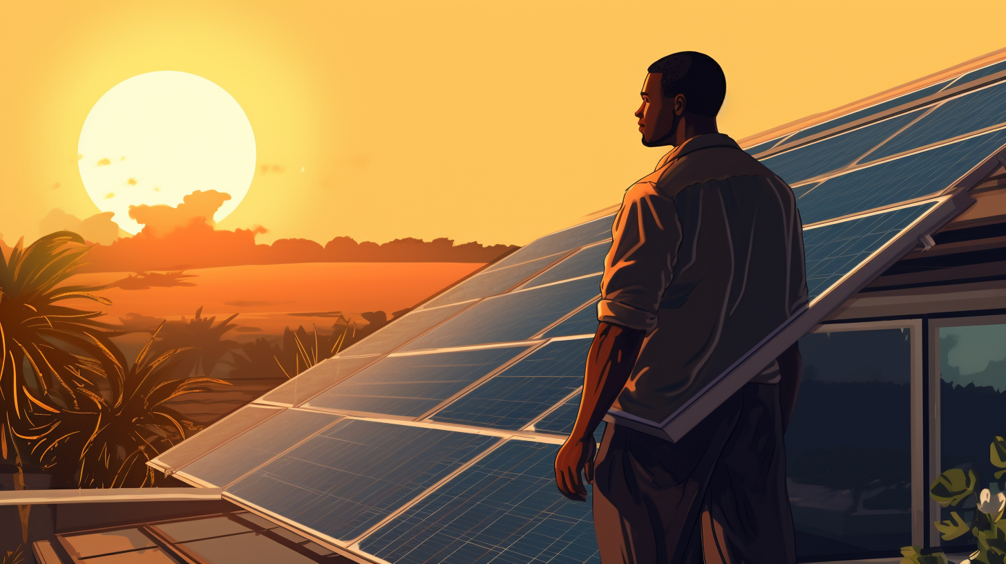 Eine Person steht neben einer häuslichen Solaranlageninstallation. Die Sonne scheint und die Person sieht zufrieden aus und symbolisiert die Vorteile einer Investition in ein Solaranlagenpaket.