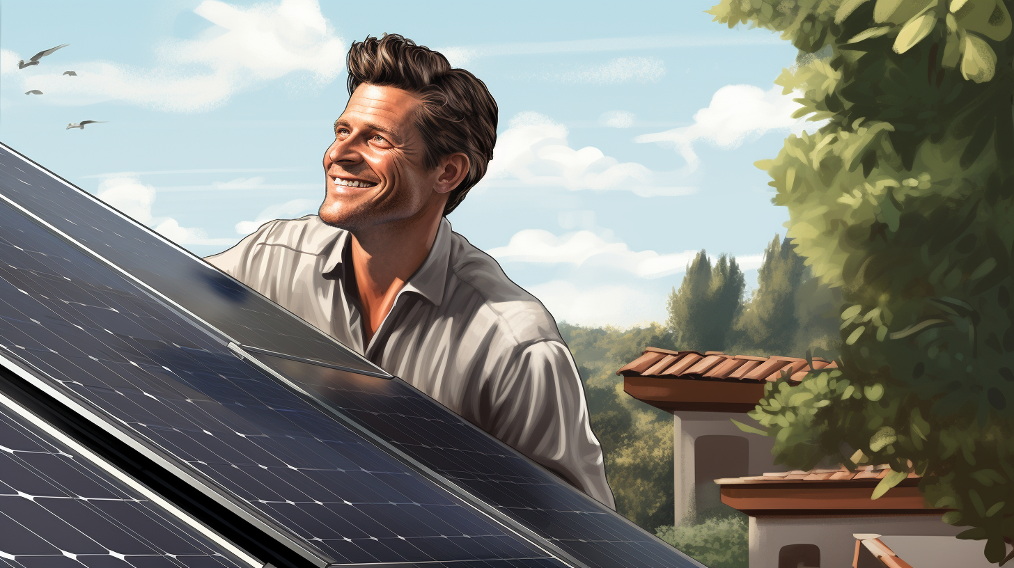 Ein zufriedener Mann betrachtet seine im Garten installierten Solarmodule.