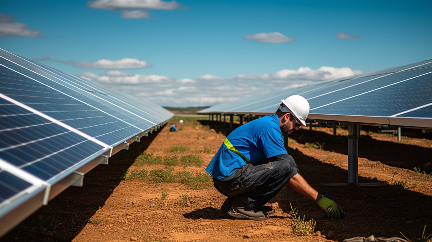 Zwei Ingenieure installieren an einem sonnigen Tag ein thermisches Solarmodul auf einem Feld, was das menschliche Engagement bei der optimalen Nutzung erneuerbarer Energiequellen demonstriert.