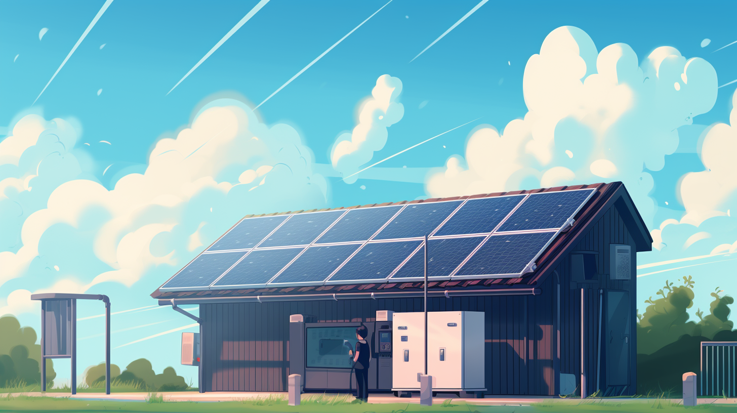Zwei Personen stehen neben ihrer kleinen Solaranlage auf ihrem Dach und untersuchen die Batteriespeichereinheit. Im Hintergrund sehen wir einen sonnigen Himmel. Das Bild veranschaulicht das Konzept einer kleinen Solaranlage mit Speicher.
