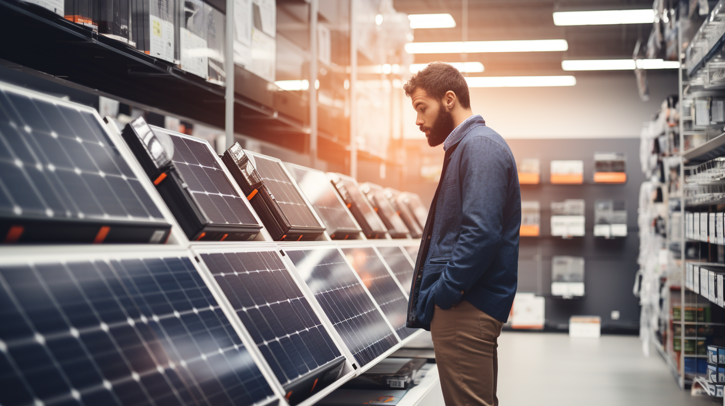 Eine Person betrachtet verschiedene Arten von Solarmodulen in einem Geschäft und überlegt, welches für ein 600-Watt-Solar-System zu kaufen wäre.