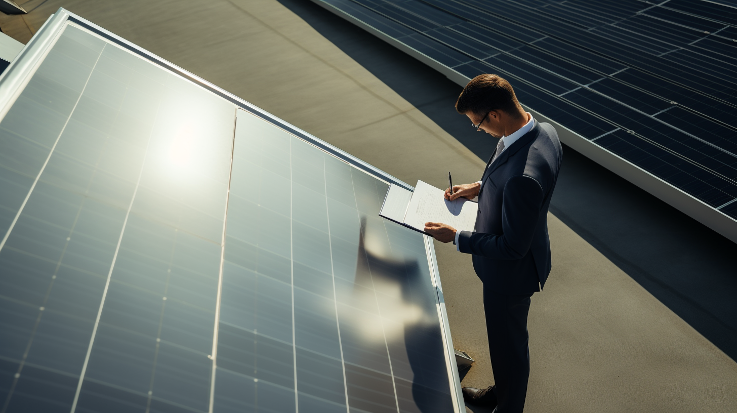 Eine Person steht neben einer Solaranlagen-Installation, schaut in ein Notizbuch und prüft verfügbare Subventionen und Finanzierungsmöglichkeiten.