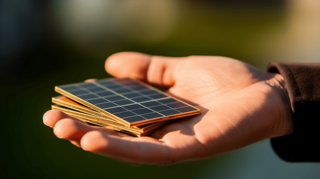  Eine Nahaufnahme von faltbaren Solarmodulen, die von den Händen einer Person gehalten werden, demonstriert ihre kompakte und tragbare Natur.