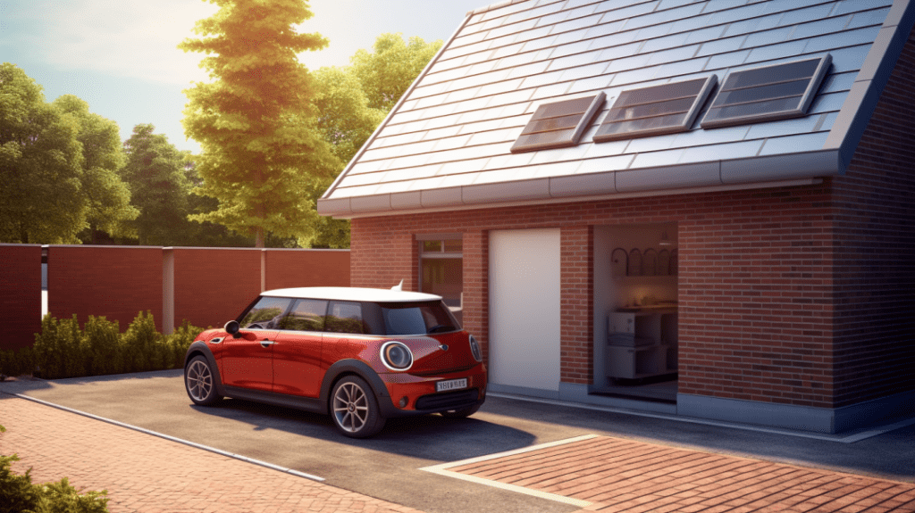 Eine kleine, effiziente Mini-Solaranlage ist ordentlich auf dem Flachdach einer Ein-Auto-Garage installiert.