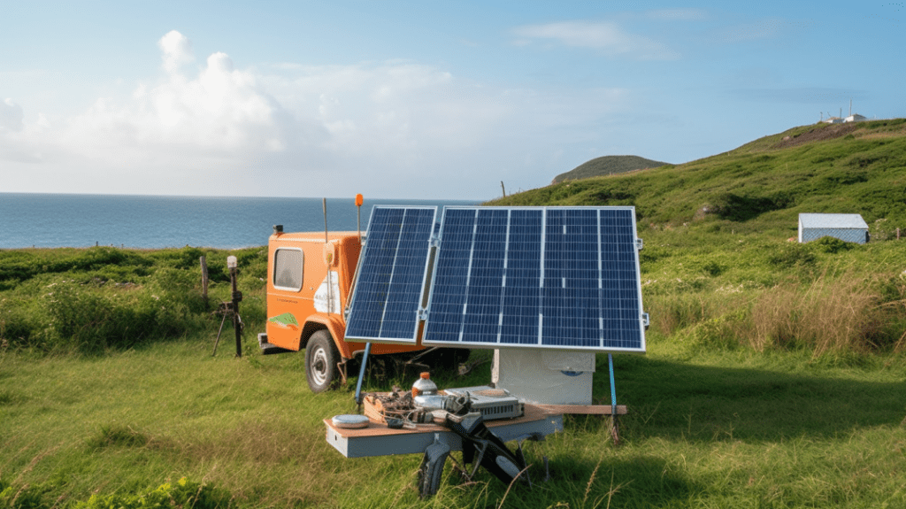 Ein kleines, tragbares Solarpanel wird als "Insel" der Energieunabhängigkeit dargestellt, aber nicht auf dem Wasser.
