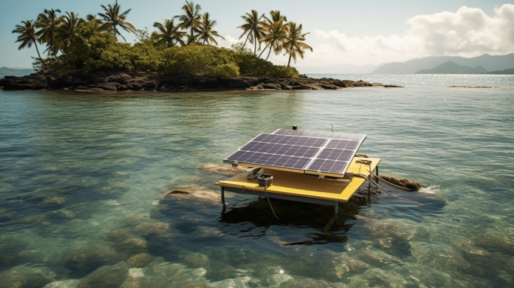 Ein kleines, tragbares Solarpanel, das sich auf einer winzigen, isolierten Insel befindet.