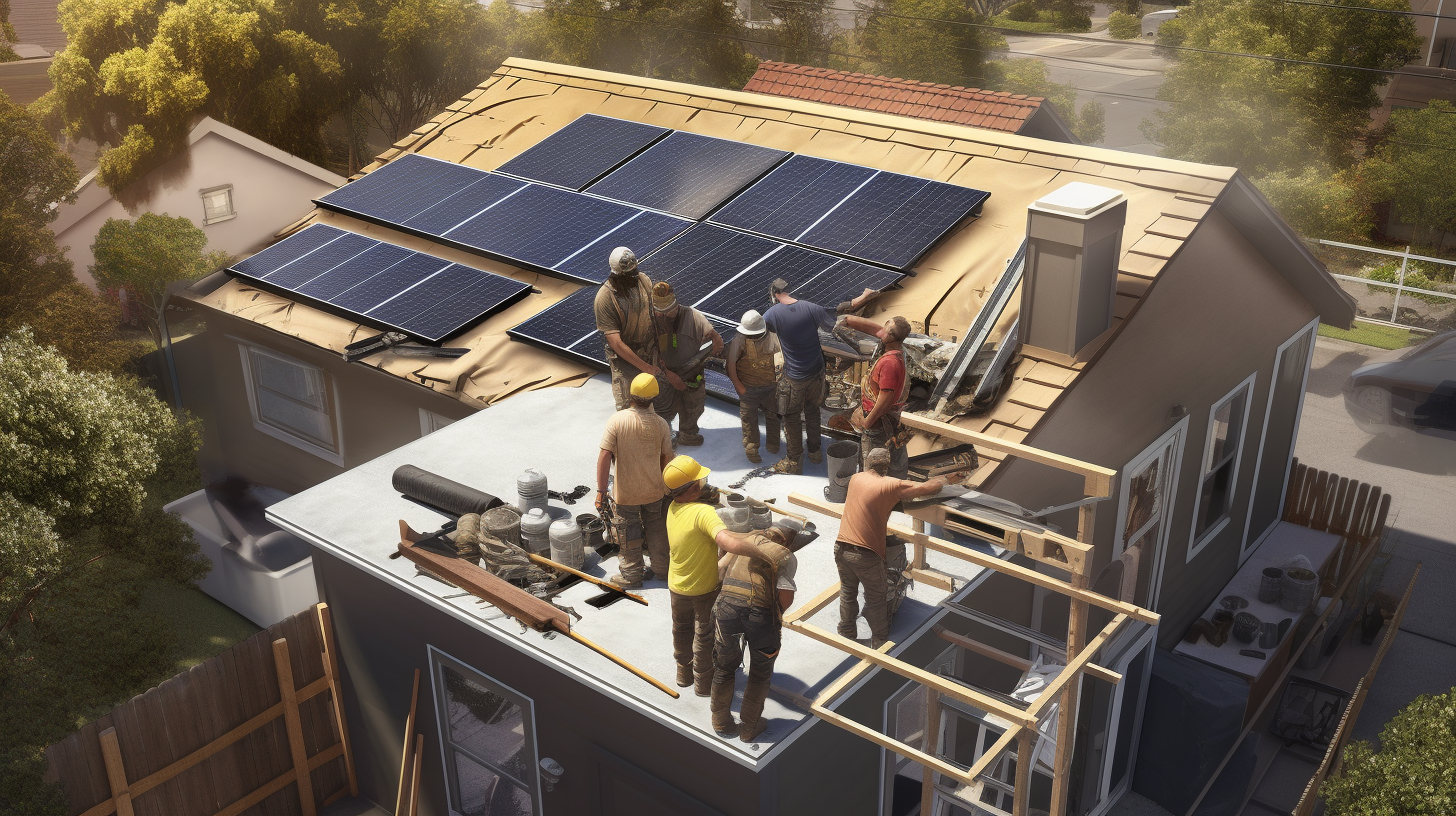 Luftaufnahme einer fotorealistischen Darstellung von Arbeitern, die auf dem Dach eines Hauses Solarmodule installieren.