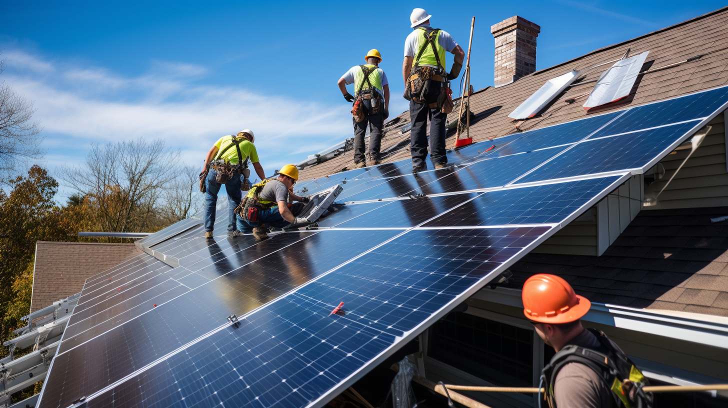 Eine Gruppe von Arbeitern installiert ein Sonnenkollektor auf einem abfallenden Wohnhausdach, welches in die richtige Richtung zeigt.