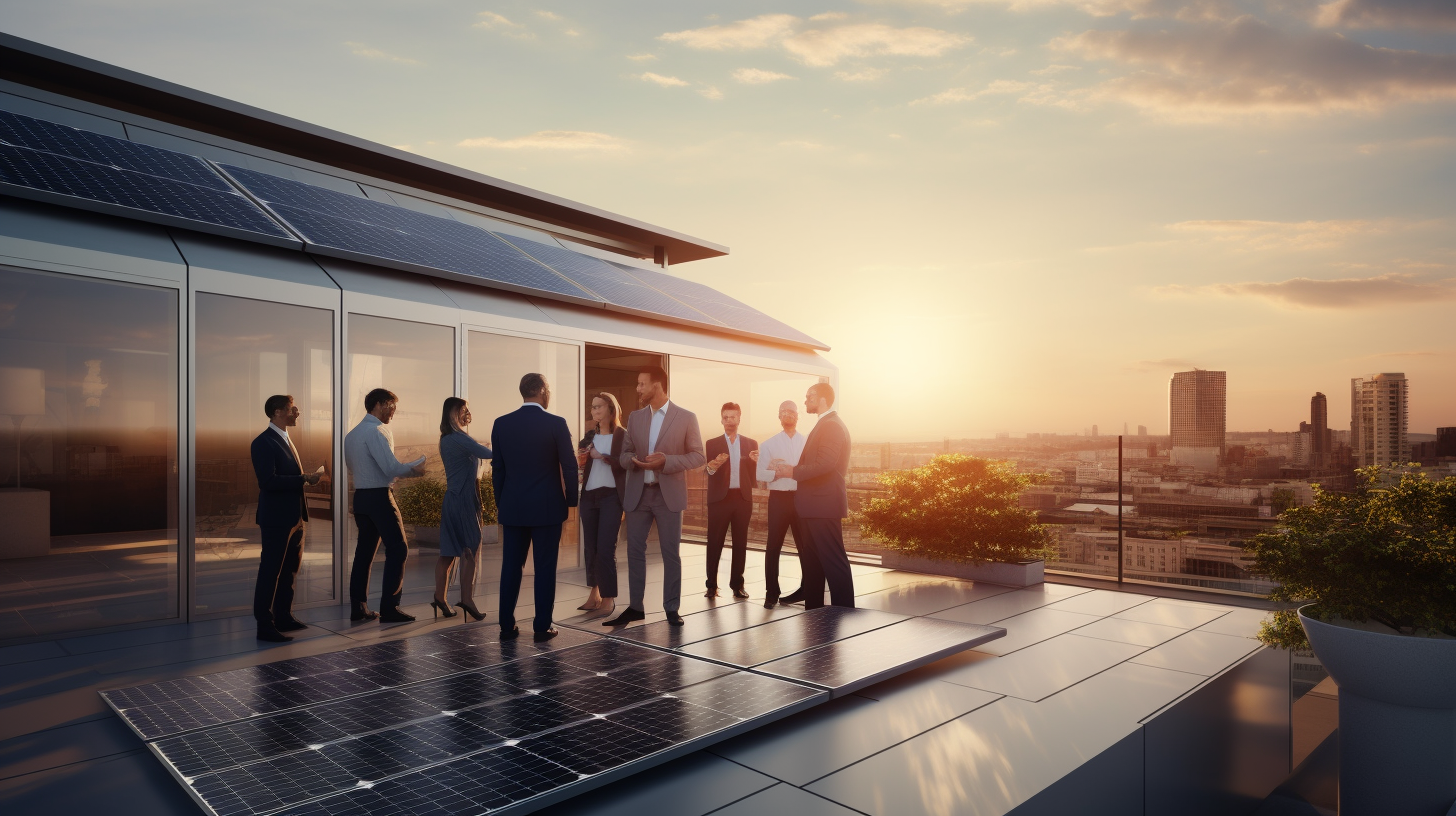 Eine Gruppe von Fachleuten diskutiert Versicherungsrichtlinien für eine Solaranlage auf dem Dach.