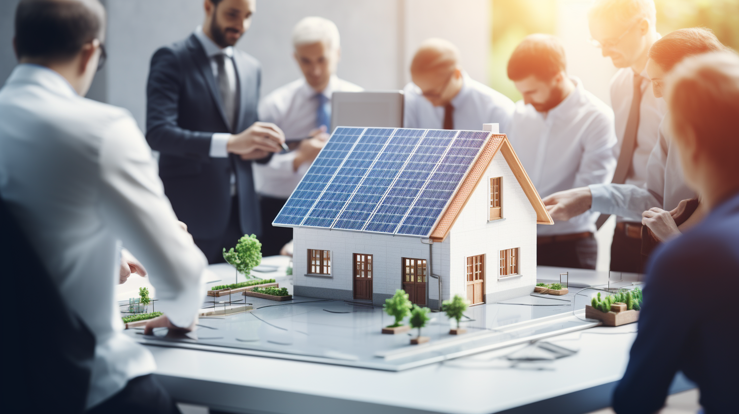 Eine Gruppe von Fachleuten diskutiert über rechtliche Aspekte und Vorschriften bezüglich der Unterstützung von Solarmodulen, dargestellt durch ein vielfältiges Team von Menschen, die sich um einen architektonischen Bauplan eines mit einem Solarmodul ausgestatteten Hauses versammelt haben.