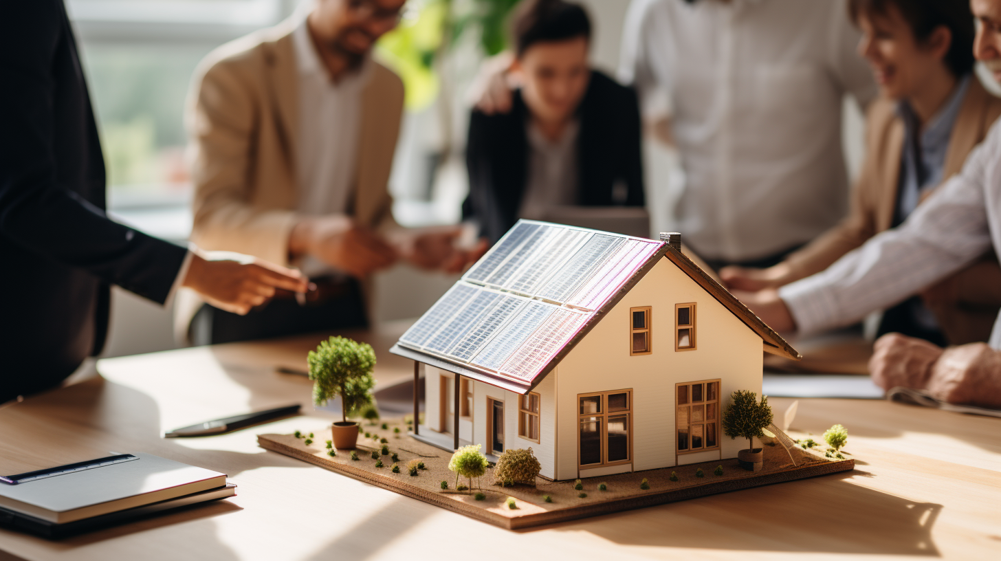 Eine Gruppe von Menschen untersucht ein Modell eines Hauses mit einer Solaranlage auf dem Dach und diskutiert die ideale Ausrichtung und den optimalen Winkel für die optimale Solarenergieerzeugung.