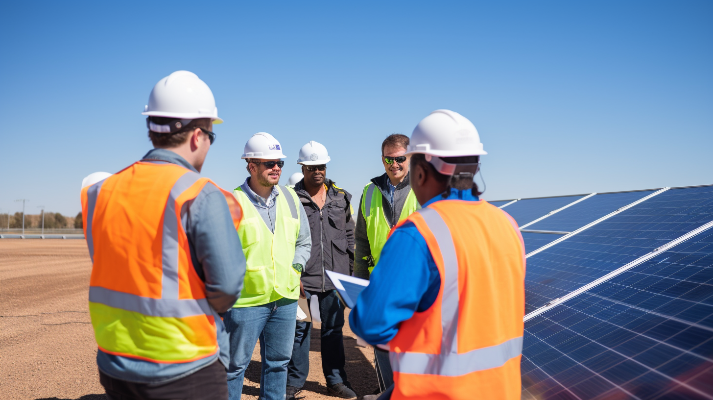 Eine Gruppe von Menschen untersucht Solarpanels, was die Überprüfung und Diskussion über den Installationsprozess und die Finanzierungsmöglichkeiten symbolisiert.
