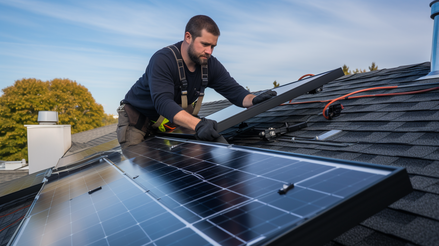 Stellen Sie sich eine Person vor, die auf dem Dach ihres Hauses beschäftigt ist, Solarzellen zu installieren. Dieses Bild dokumentiert den Prozess und die Anstrengungen, die mit der Montage eines Solarmoduls auf dem Dach im Eigenbau einhergehen.
