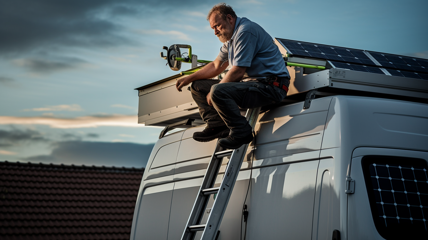 Ein Elektriker befestigt sicher Solarpaneele auf dem Dach eines Wohnmobils.