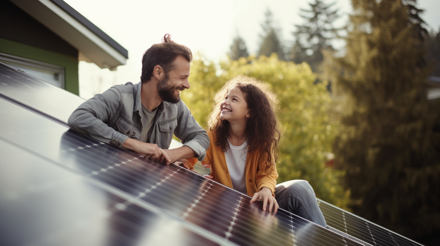 Eine Familie betrachtet aufgeregt ihre neuen Photovoltaik-Solaranlagen, die auf ihrem Dach installiert sind und bereits saubere, erneuerbare Energie produzieren.