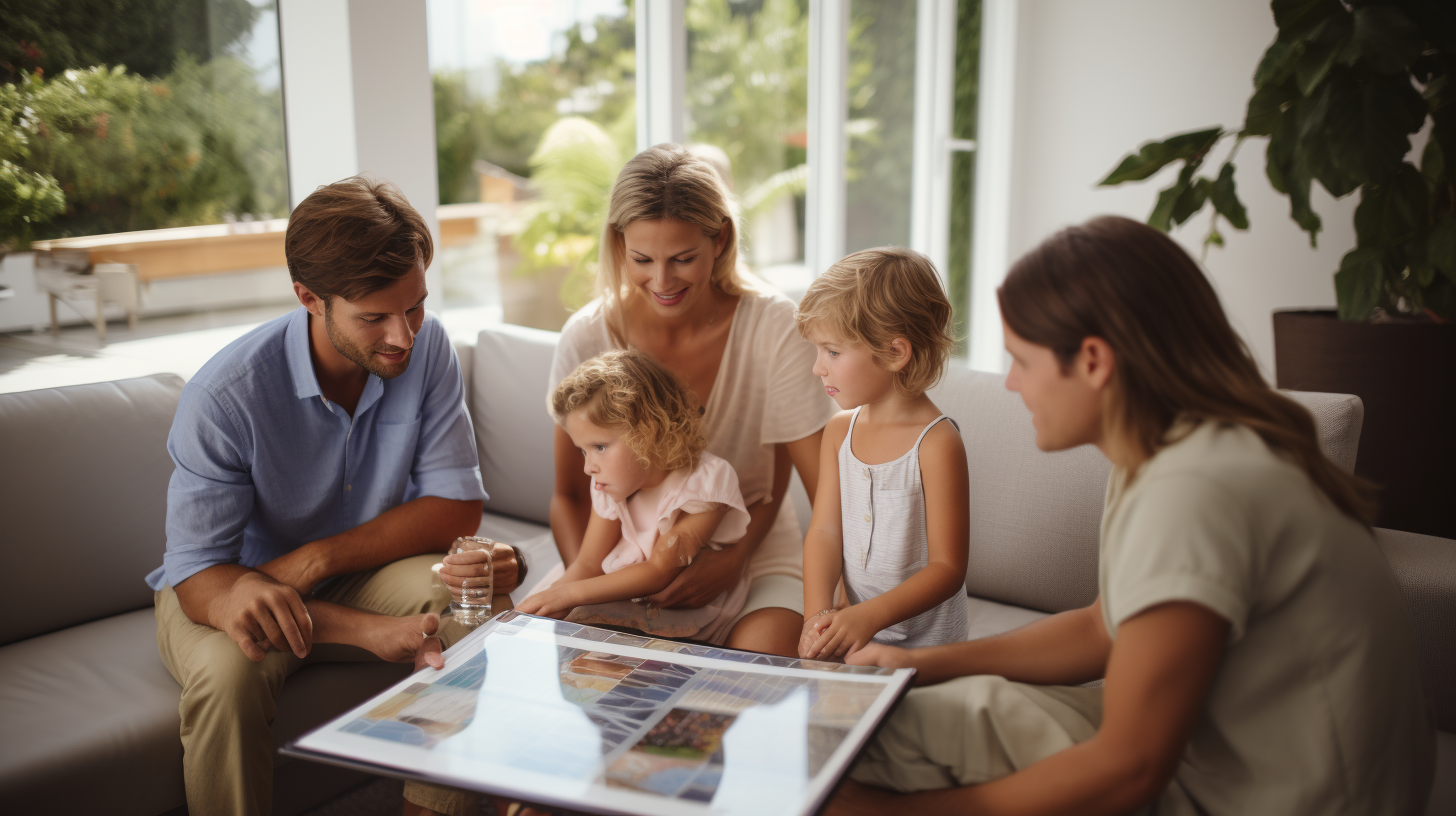 Eine Familie diskutiert über die Vorteile und den Installationsprozess eines 10 KW Solaranlage in ihrem Zuhause und betrachtet dabei eine Broschüre über Solarsysteme.