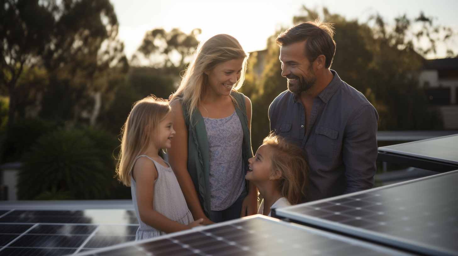 Eine Familie betrachtet die auf ihrem Dach installierten Solarpanels und diskutiert deren Vorteile.
